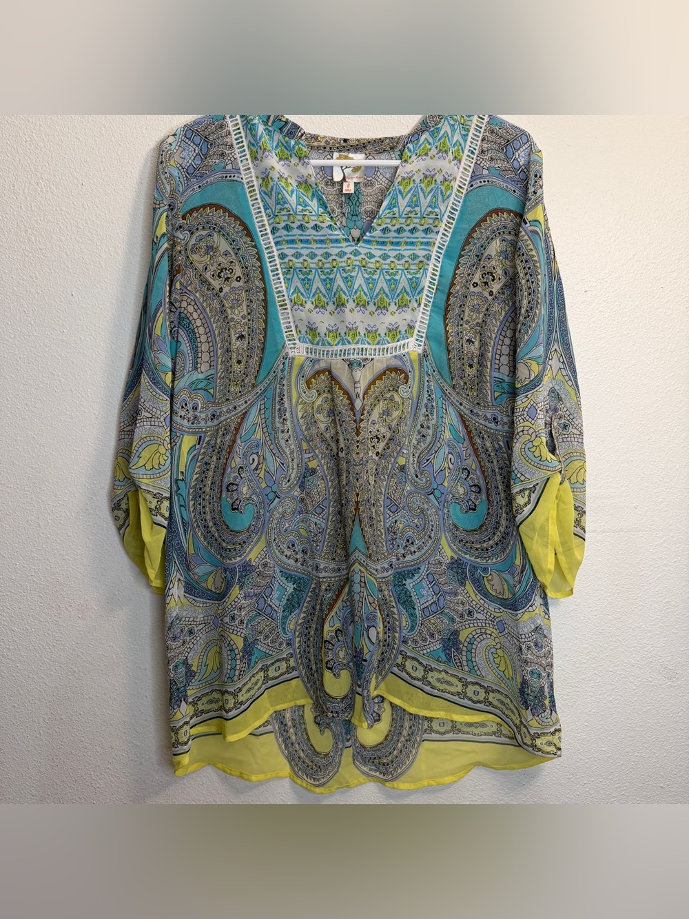 fig and flower Teal, Aqua & Yellow Paisley V‑Neck Semi Sheer Tunic L